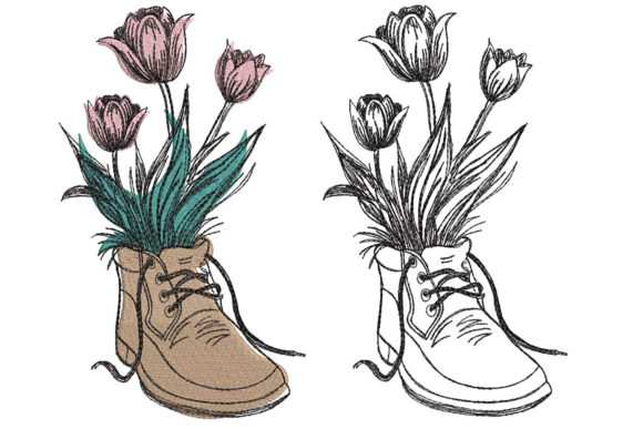 Boots and Flowers Minimal: A Stylish Embroidery Design